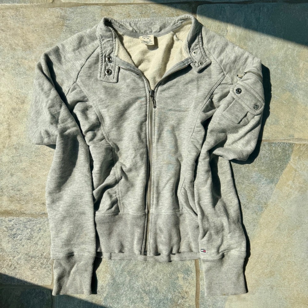 Y2K Tommy Jeans Grey Zip Up Jacket Size Medium Ruched‎ Front Retro